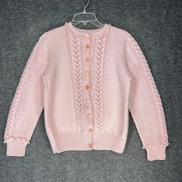 Handmade Sweaters - Vintage Handmade Cardigan Sweater Size L Baby Pink Chunky Cable Knit Granny